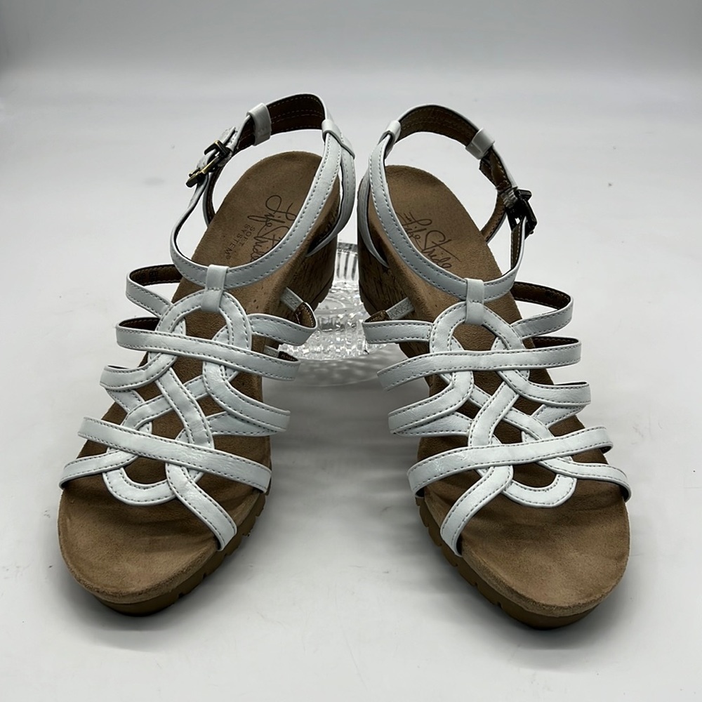 Life Stride White Leather Strappy Sandals with Cork Wedge Heel size 6.5